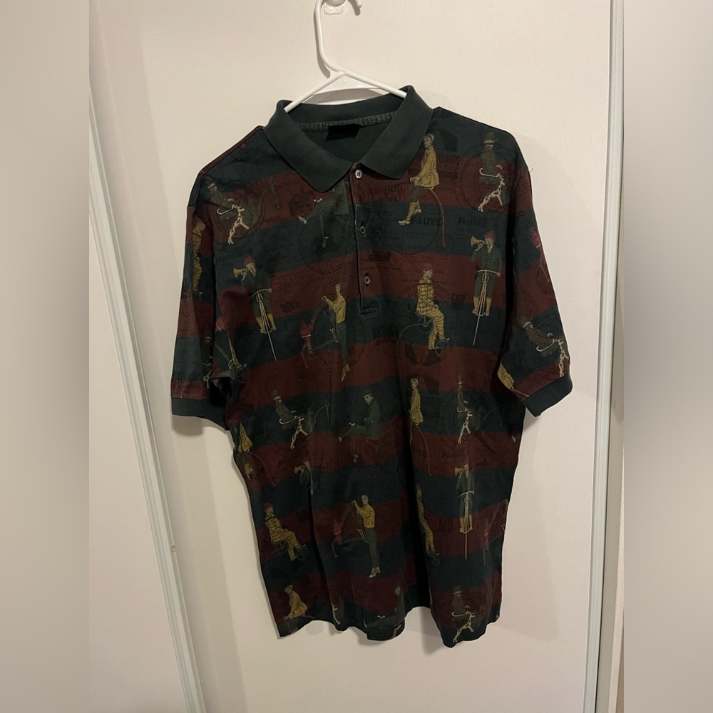 Vintage Bobby Jones Men’s Large Green All Over Print Polo Golf Shirt Rare